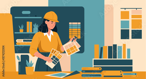 Female Architect Reviewing Building Plans at Desk.