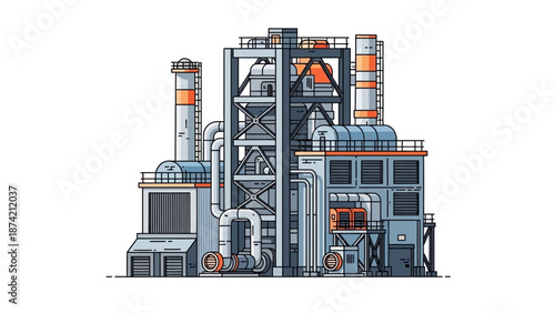 Modern industrial complex with pipes and smokestacks representing manufacturing and production processes