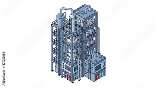 Isometric illustration of a modern industrial chemical plant facility with multiple levels and intricate piping systems