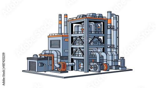 Modern industrial factory with pipelines and towering structures, representing production and manufacturing processes