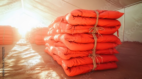 A neat stack of folded orange emergency blankets tied together with twine for preparedness