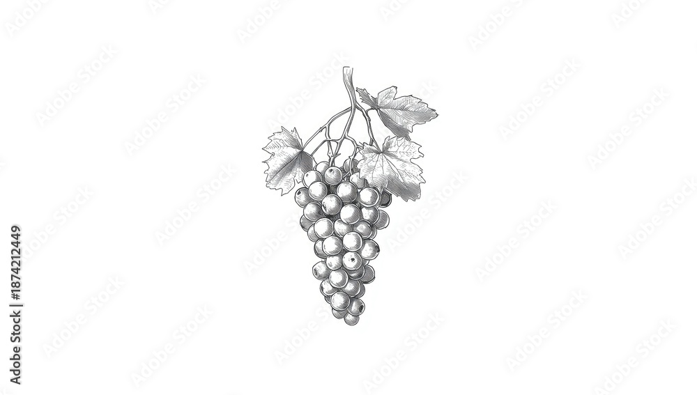 Naklejka premium Black and white grape and wine vine clip art featuring berries and foliage, ideal for organic farming or vineyard signage.