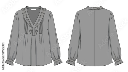 Fashion illustration of a detailed grey long-sleeved blouse with pleating and ruffled cuffs front and back views