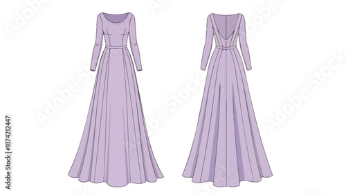 Elegant long-sleeved floor-length gown with a graceful silhouette presented from front and back views in a soft lavender hue