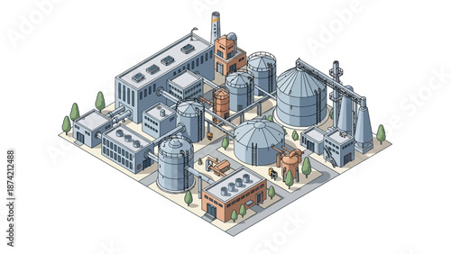 Isometric illustration of a large industrial factory complex with multiple buildings and storage tanks, representing manufacturing and production processes
