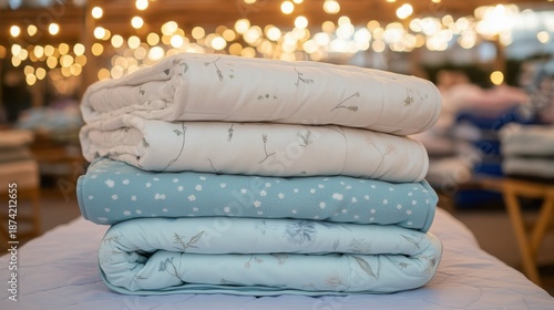 A neat stack of pastel colored blankets with subtle botanical patterns folded precisely ready for use or donation
