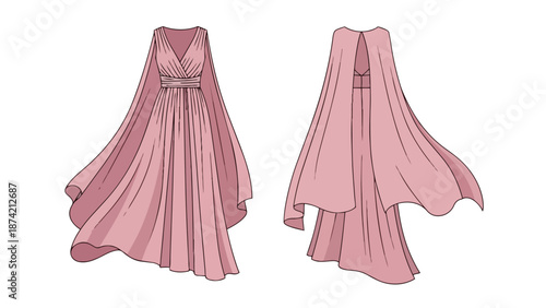 Elegant draped gown with flowing cape detail presented from front and back perspectives showcasing its sophisticated silhouette and intricate