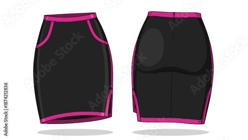 Sleek black pencil skirt with vibrant pink trim and functional pockets a modern fashion design