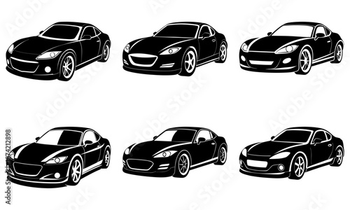 Six Black Sports Cars Silhouettes on White Background car silhouettes automotive 1