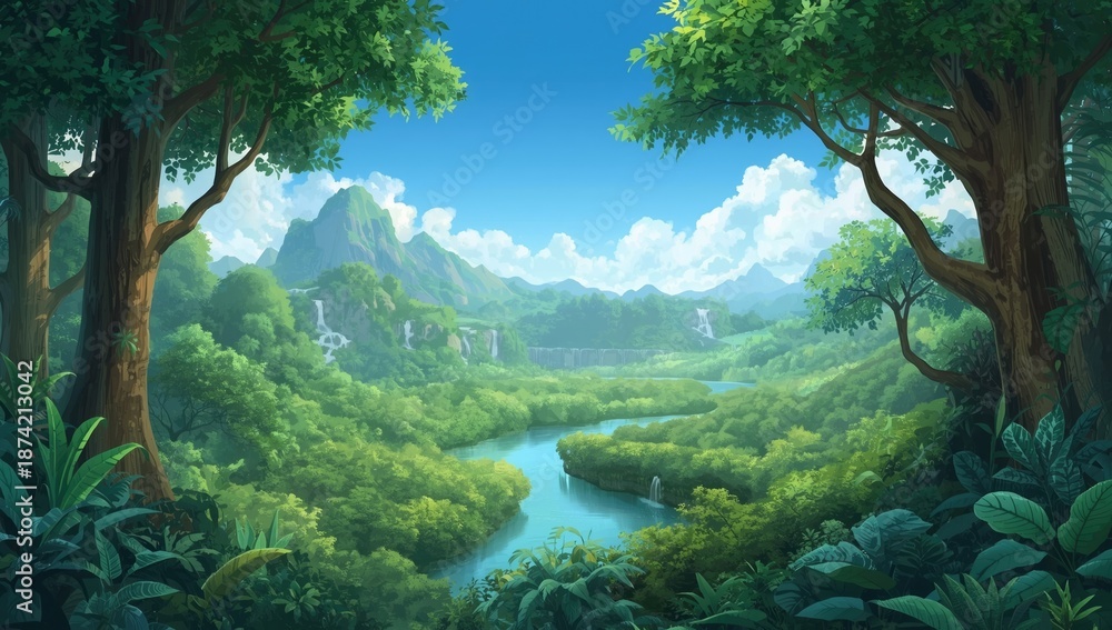 Fototapeta premium Colorful 2d background in Guyanaanime style, cartoonish design, detailed high resolution image, ideal for animated projects