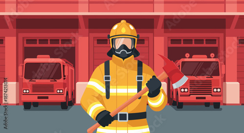 Firefighter in Protective Gear Holding Axe in Front of Fire Trucks.