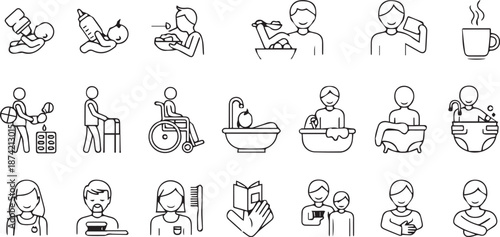 Personal Care and Daily Living Assistance Icon Set for Healthcare and Nursing