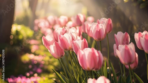 Flowers bloom in sunlight at a garden in springtime