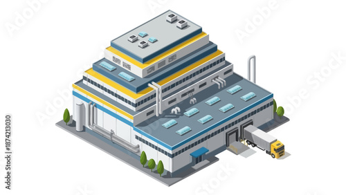 Modern Industrial Warehouse Building with Loading Dock and Delivery Truck