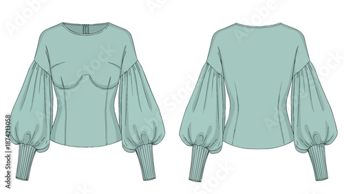 Stylish Balloon Sleeve Top Fashion Illustration Showing Front and Back Views Design Details