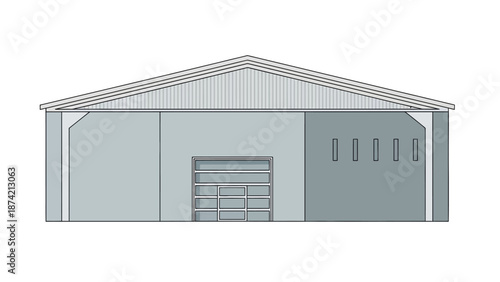 Illustration of a large industrial warehouse or storage building with large doors and ventilation openings on the side