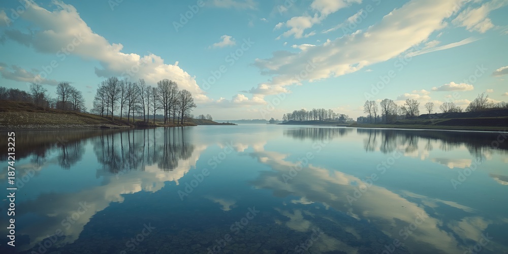 Fototapeta premium Lakeside area with sand piles and water, highlighting the effects of sand mining on natural landscapes, Earth Day