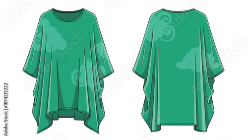 Illustrative Fashion Design of a Green Cloud-Patterned Poncho Presented in Front and Back Views