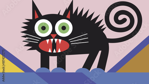 Fierce Black Cat Digital Art with Spiky Mane Swirling Tail Colorful Background