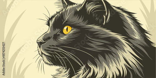Vintage Style Black Cat Illustration with Piercing Yellow Eye Portrait