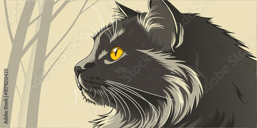 Beautiful graphic illustration of a fluffy dark cat with captivating yellow eyes