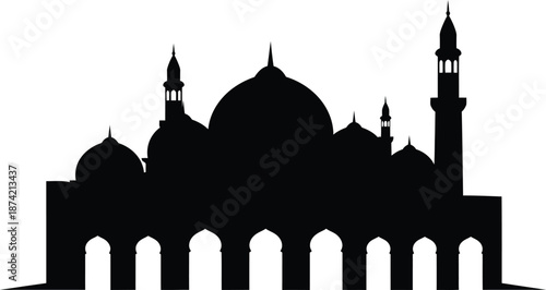 silhouette of a mosque with domes and minarets