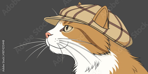Stylish ginger cat portrait wearing a vintage plaid newsboy cap