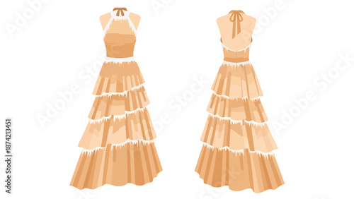 Elegant Tiered Gown Designs Showcase Front and Back Views of Exquisite Fashionable Apparel