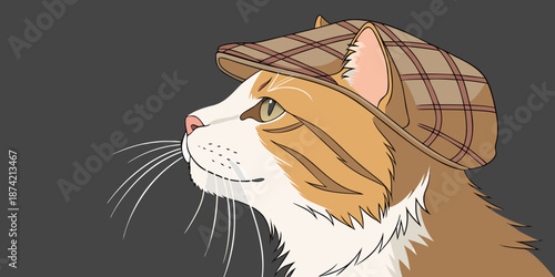 A dapper ginger and white cat wearing a brown plaid hat in a charming portrait