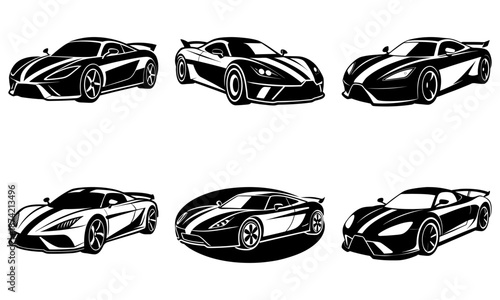 Six Black and White Sports Car Silhouettes on White Background automobile