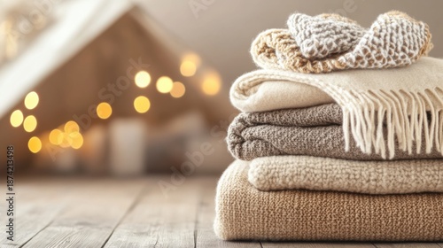 A neat stack of thick insulating blankets in muted earth tones rests on a wooden surface with blurred warm lights in the background