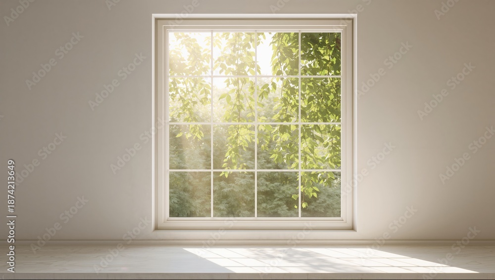 Fototapeta premium Green foliage illuminated by sunlight seen through a window, enhancing interior ambiance