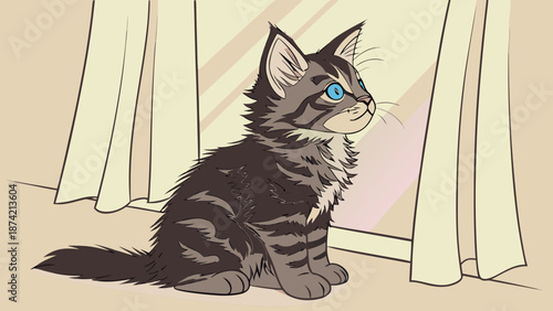 Charming Gray Fluffy Kitten Gazing Out Window In Warm Sunlight