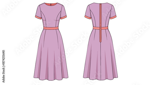 Fashion illustration of a feminine lilac midi dress with a contrasting coral belt and sleeve cuffs, front and back views