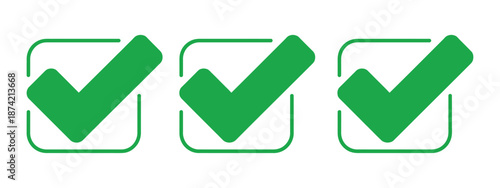 Green Check Marks three vector icons in different box styles, isolated on white background, perfect for checkboxes, selection indicators, and UI design.