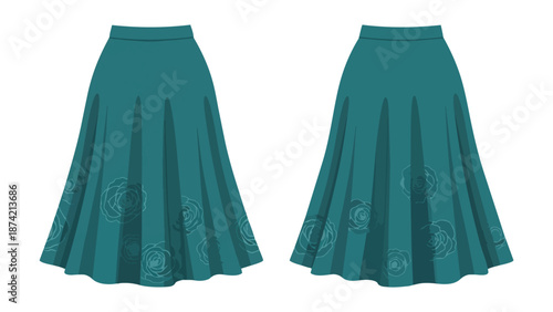 Elegant Teal Midi Skirt with Subtle Rose Embellishments Showcasing Front and Back Views