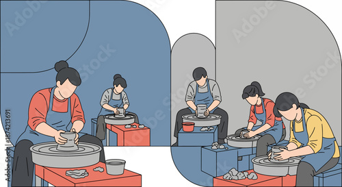 Group of artisans crafting pottery on wheels.