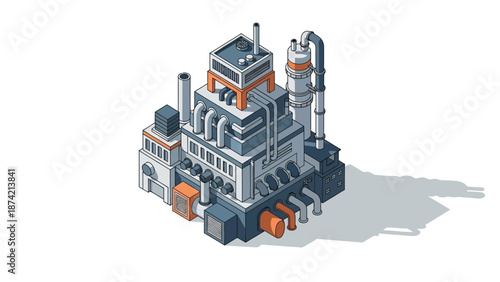 Industrial plant and factory building with pipes and smokestacks, isometric illustration representing manufacturing and production processes, city infrastructure