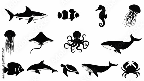Collection of diverse marine animal silhouettes in black and white.