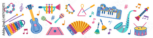 Big set of children's musical instruments. Vector illustration of musical toys guitar, piano, xylophone, maracas, flute, saxophone, bells.