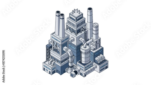 Isometric industrial factory complex with pipes and chimneys, modern manufacturing plant illustration