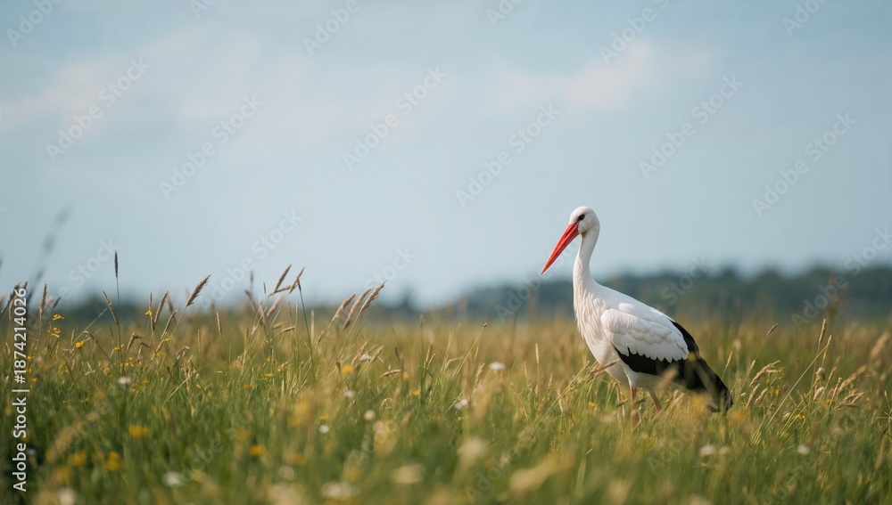 Naklejka premium Detailed view of a solitary white stork in its natural environment, highlighting wildlife preservation