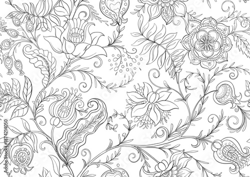 Botanical floral seamless ornament. Vintage hand drawn pattern with ornate garden flowers, leaves and intricate decorative swirls for textile wallpaper. Classic elegant motif design.