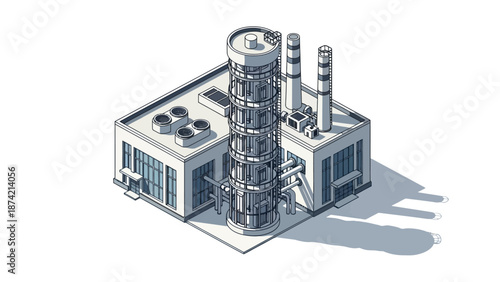 Industrial power plant building with chimneys and air vents, isometric illustration representing energy production or manufacturing facilities