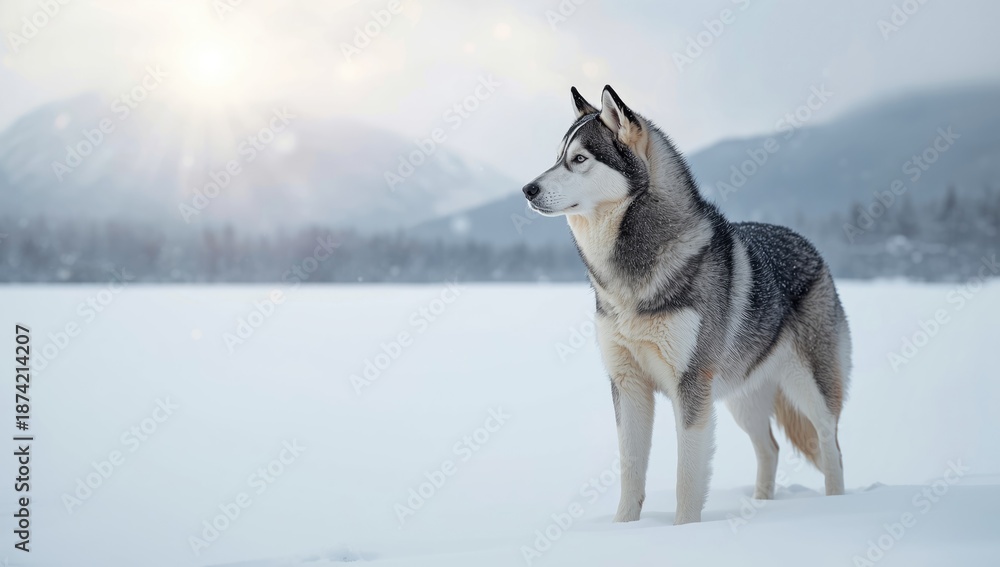 Naklejka premium Husky breed resting on natural surface, emphasizing alertness and companionship, World Animal Day