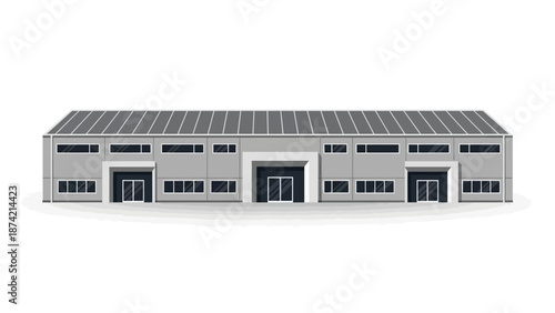 A symmetrical facade of a modern industrial building with multiple entrances and windows, illuminated by natural light