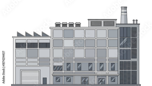 Industrial building illustration showcasing a modern factory with multiple levels and windows