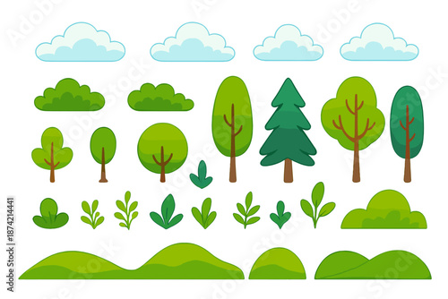 Colorful trees and bushes arranged in various shapes with clouds in bright sky