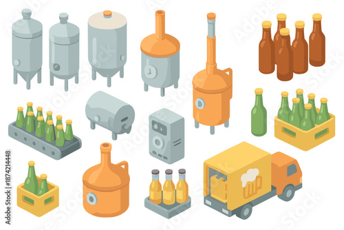 Items used in the brewing process with bottles and a delivery truck in a factory setting