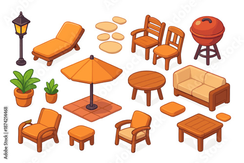 Collection of outdoor furniture and decor with simple designs for garden or patio use